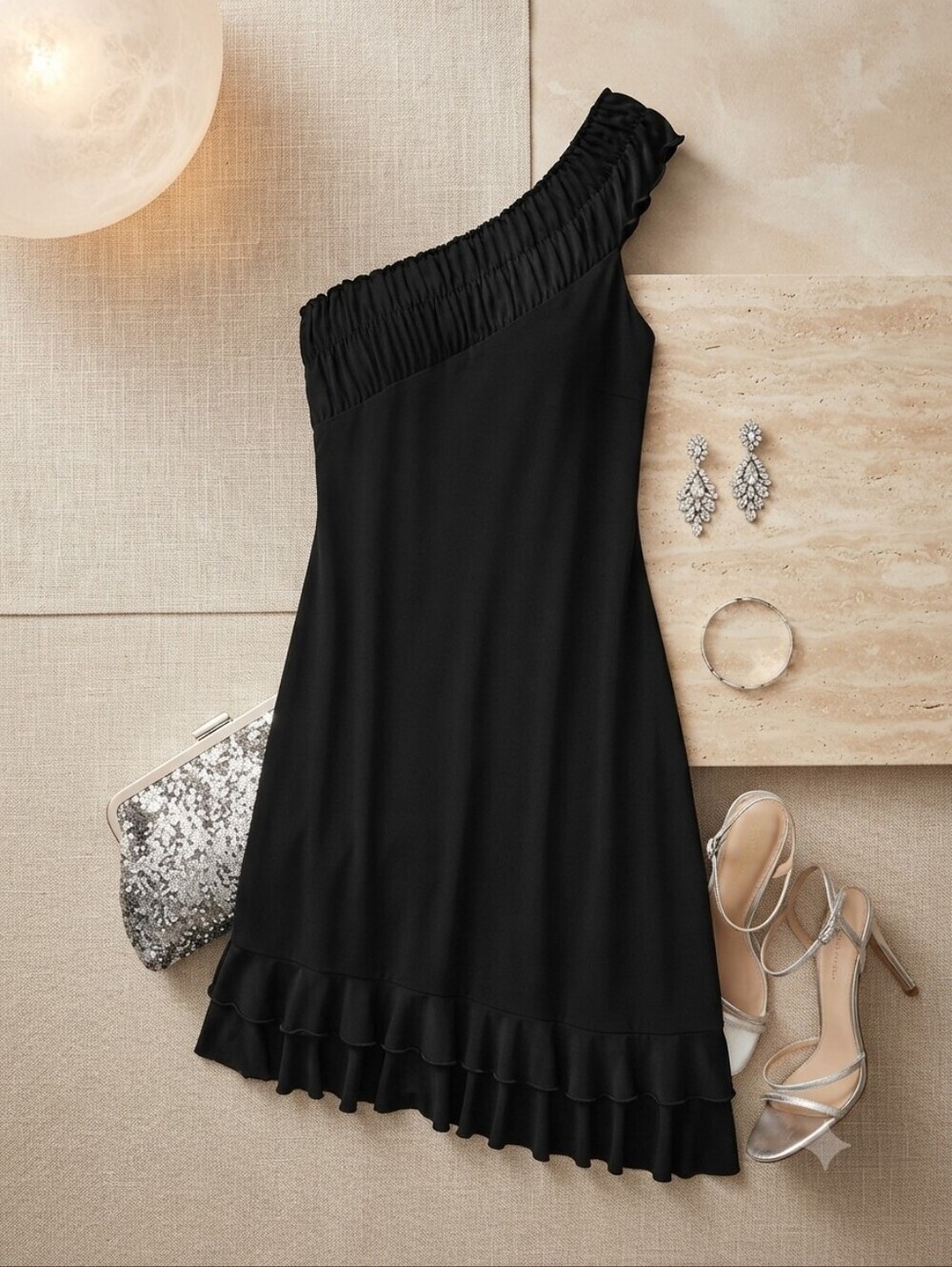 Vintage Joseph Ribkoff Stretchy Slinky One Shoulder Ruched Ruffle Hem Dress